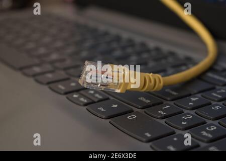 Yellow network cable for computer with plastic connector stand on laptop keyboard Stock Photo