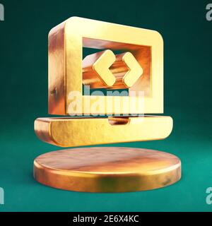 Laptop Code icon. Fortuna Gold Laptop Code symbol on golden podium. Stock Photo