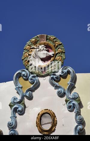 France, Vosges, Gerardmer, place Albert Ferry, fountain from 1841, merry-go-round le Galopant Geromois, roof decoration Stock Photo