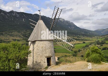 France, Aude, Cucugnan, The old windmill Stock Photo