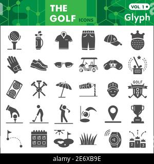 Golf solid icon set, Sports symbols collection or sketches. Golf game glyph style signs for web and app. Vector graphics isolated on white background. Stock Vector