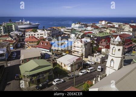 Caribbean, Dominica Island, the capital city Roseau, French Quarter, streets of the central district behind the port, Bethesda Methodist Church (aerial view) Stock Photo