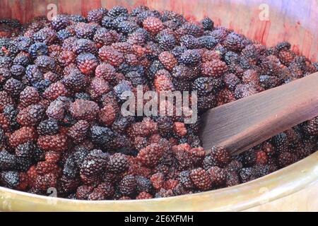 France, Bas Rhin, Ranrupt, Les Confitures du Climont, manufacture of blackberry jam in a copper cauldron Stock Photo