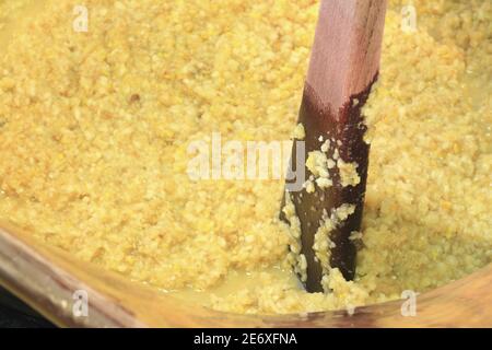 France, Bas Rhin, Ranrupt, Les Confitures du Climont, manufacture of Cameline jam (apples, figs, orange, almonds, ginger, vinegar and spices) after a medieval recipe and cooked in a copper cauldron Stock Photo