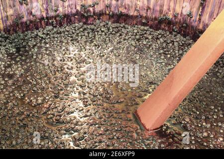 France, Bas Rhin, Ranrupt, Les Confitures du Climont, manufacture of blueberry jam in a copper cauldron Stock Photo