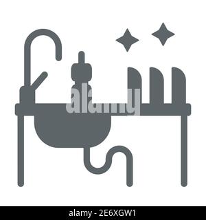 Kitchen sink with kitchenware solid icon, household concept, Washing dishes sign on white background, Dishwashing liquid bottle and clean plates on Stock Vector