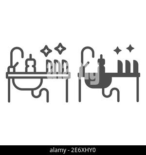 Kitchen sink with kitchenware line and solid icon, household concept, Washing dishes sign on white background, Dishwashing liquid bottle and clean Stock Vector