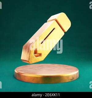 Pencil icon. Fortuna Gold Pencil symbol on golden podium. Stock Photo