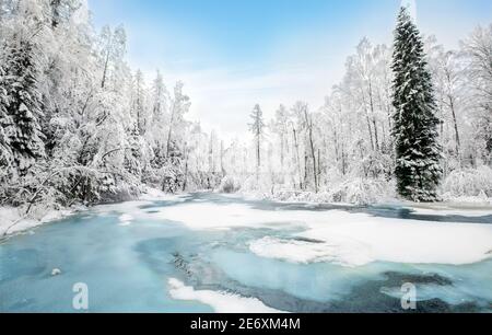 Beautiful winter river and forest Stock Photo