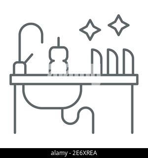 Kitchen sink with kitchenware thin line icon, household concept, Washing dishes sign on white background, Dishwashing liquid bottle and clean plates Stock Vector
