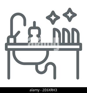 Kitchen sink with kitchenware line icon, household concept, Washing dishes sign on white background, Dishwashing liquid bottle and clean plates on Stock Vector