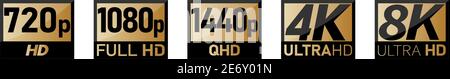 Video or screen resolution icons, black numbers with HD, QHD, ULTRA HD text in golden rectangle Stock Vector
