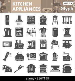 Kitchen appliances solid icon set, kitchenware symbols collection or sketches Kitchen equipment glyph style signs for web and app. Vector graphics Stock Vector