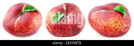 Set of Chinese flat donut peaches with leaf isolated on white background with clipping path. Full depth of field. Stock Photo