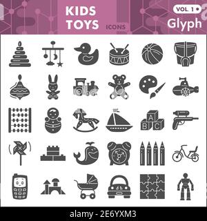 Kids toys solid icon set, Children toys symbols collection or sketches. Baby toy glyph style signs for web and app. Vector graphics isolated on white Stock Vector