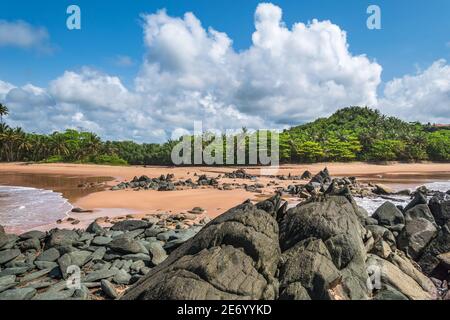 Ghana beach with rocks and sea meet from two sides and closed lagoon, the place is Ghana Axim West Africa Stock Photo