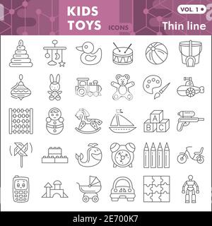 Kids toys thin line icon set, Children toys symbols collection or sketches. Baby toy linear style signs for web and app. Vector graphics isolated on Stock Vector