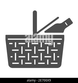 Food basket solid icon, picnic concept, picnic basket sign on white background, Wicker picnic basket with products icon in glyph style for mobile Stock Vector