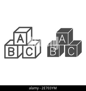 Children cubes line and solid icon, education concept, toy cubes with letters sign on white background, alphabet blocks with A,B,C letters icon in Stock Vector