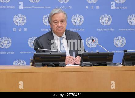 United Nations, New York, USA, January 28, 2021 - Secretary-General Antonio Guterres holds a press conference following an informal briefing to member states on priorities for 2021 today at the UN Headquarters in New York.Photo: Luiz Rampelotto/EuropaNewswire PHOTO CREDIT MANDATORY. | usage worldwide Stock Photo
