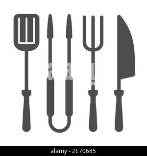 BBQ Grill Set solid icon, BBQ concept, Roasting grill tools sign on white background, Spatula, Fork, Tongs and Knife icon in glyph style for mobile Stock Vector