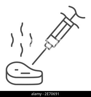 Piece of meat with syringe thin line icon, picnic concept, Culinary kitchen syringe e sign on white background, steak with syringe icon in outline Stock Vector