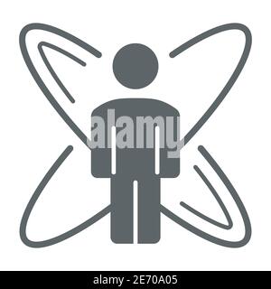 Person with symbol of science solid icon, science concept, Human silhouette with atom sign on white background, atom around of man icon in glyph style Stock Vector