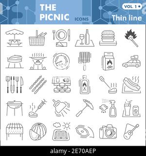 Picnic thin line icon set, Summer leisure symbols collection or sketches. Camping and outdoor linear style signs for web and app. Vector graphics Stock Vector