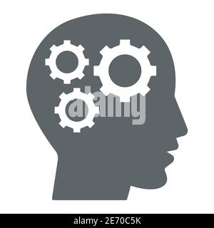 Gears in head solid icon, idea and innovation concept, human mind and three cogs sign on white background, Human head with set of gears icon in glyph Stock Vector