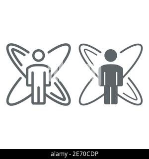 Person with symbol of science line and solid icon, science concept, Human silhouette with atom sign on white background, atom around of man icon in Stock Vector