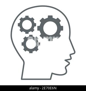 Gears in head thin line icon, idea and innovation concept, human mind and three cogs sign on white background, Human head with set of gears icon in Stock Vector