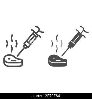 Piece of meat with syringe line and solid icon, picnic concept, Culinary kitchen syringe e sign on white background, steak with syringe icon in Stock Vector