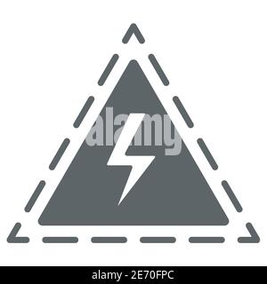 Triangle with lightning solid icon, science concept, Danger high voltage attention sign on white background, warning sign with lightning in glyph Stock Vector