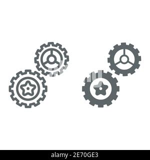 Rotating gears line and solid icon, technology concept, Cogwheel gear mechanism sign on white background, two gear wheels icon in outline style for Stock Vector