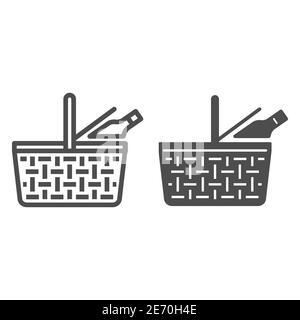 Food basket line and solid icon, picnic concept, picnic basket sign on white background, Wicker picnic basket with products icon in outline style for Stock Vector