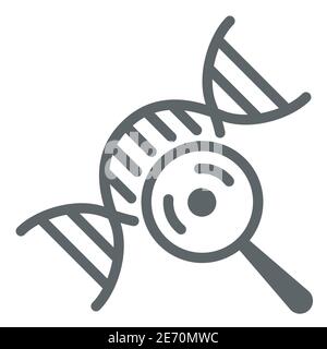 DNA chain and magnifying glass line icon, science concept, DNA research sign on white background, genetics testing with magnifier icon in outline Stock Vector