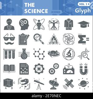Science solid icon set, Chemistry symbols collection or sketches. Science research glyph style signs for web and app. Vector graphics isolated on Stock Vector