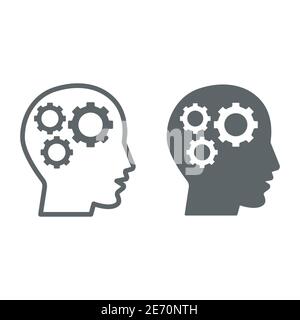 Gears in head line and solid icon, idea and innovation concept, human mind and three cogs sign on white background, Human head with set of gears icon Stock Vector