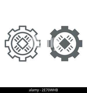 Central processor in gear line and solid icon, Information technology concept, Microchip in cogwheel sign on white background, Gear with Chip Stock Vector