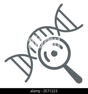 DNA chain and magnifying glass solid icon, science concept, DNA research sign on white background, genetics testing with magnifier icon in glyph style Stock Vector