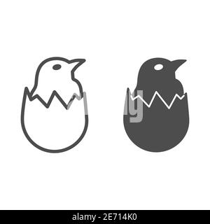 Chicken in shell line and solid icon, Farm birds concept, little chick in cracked egg sign on white background, newborn chicken in broken eggshell Stock Vector