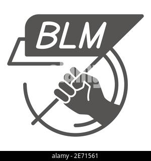 Hand holding BLM poster solid icon, Black lives matter concept, BLM flag in hand sign on white background, Protest poster with text BLM icon in glyph Stock Vector