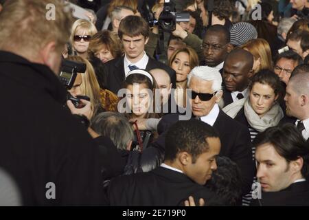 Daughter of Princess Caroline of Monaco Charlotte Casiraghi gave birth to a baby boy she had with actor and comedian Gad Elmaleh at the Princess Grace Hospital in Monaco on Tuesday it was reported on Wednesday December 18. File photo : German fashion designer Karl Lagerfeld and Princess Caroline of Monaco's daughter, Charlotte Casiraghi, pictured after the fashion show of Chanel's Haute Couture Spring-Summer 2007 held at 'Le Grand Palais', in Paris, France, on January 23, 2007. Photo by Khayat-Nebinger-Orban-Taamallah/ABACAPRESS.COM Stock Photo