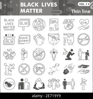 Black lives matter thin line icon set, No Racism symbols collection or sketches. BLM linear style signs for web and app. Vector graphics isolated on Stock Vector