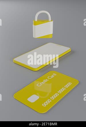 yellow credit card with yellow and white mobile phone and padlock on top on gray background. 3d render Stock Photo