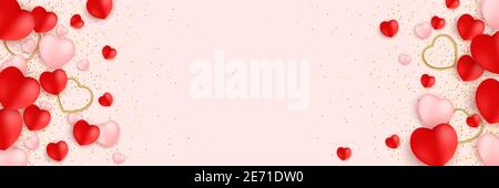 Vector Happy Valentines Day greeting card with sparkling glitter gold textured hearts on red background Stock Vector