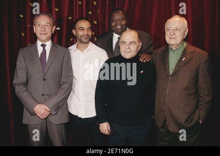 Paris mayor Bertrand Delanoe, President of 'SOS Racisme' association, Dominique Sopo, Fode Sylla, Jean Benguigui and Pierre Berge attend the annual dinner for godmothers and godfathers of French anti-racism association 'SOS Racisme' held at the Cabaret Sauvage in Paris, France on january 29, 2007. Photo by Mousse/ABACAPRESS.COM Stock Photo