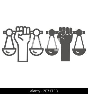 Hand holding scales line and solid icon, Black lives matter concept, Civil rights sign on white background, Justice scales in hand icon in outline Stock Vector