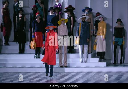 A model displays a creation by designer Marc Jacobs for Louis Vuitton  Spring-Summer 2012 Ready-To-Wear collection show held at La cour Carree du  Louvre, in Paris, France, on October 5, 2011. Photo