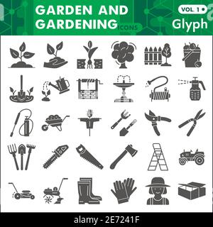 Garden and gardening solid icon set, farming symbols collection or sketches. Agriculture glyph style signs for web and app. Vector graphics isolated Stock Vector